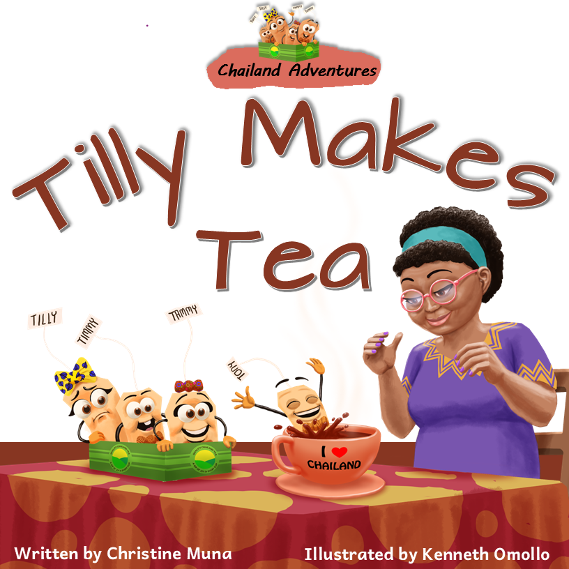 Tilly Makes Tea _ Book Cover _Front Book cover image showing Tilly and her tea bag friends jumping into Miss Pendo's cup to make tea.
