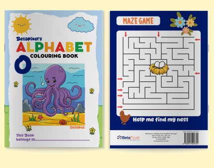 Betapixel’s Alphabet Colouring Book combined front and back cover with title, artwork style preview, and publisher details.