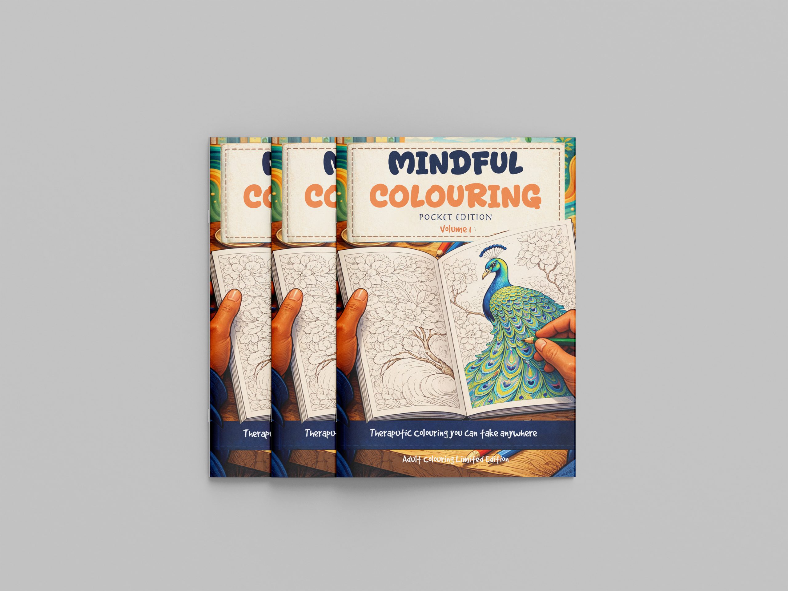 Three copies of the Mindful Colouring Pocket Edition adult colouring book by Betapixel Studios showing the cover with a peacock colouring illustration.
