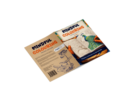 Open view of the Mindful Colouring Pocket Edition adult colouring book showing the front and back cover design.