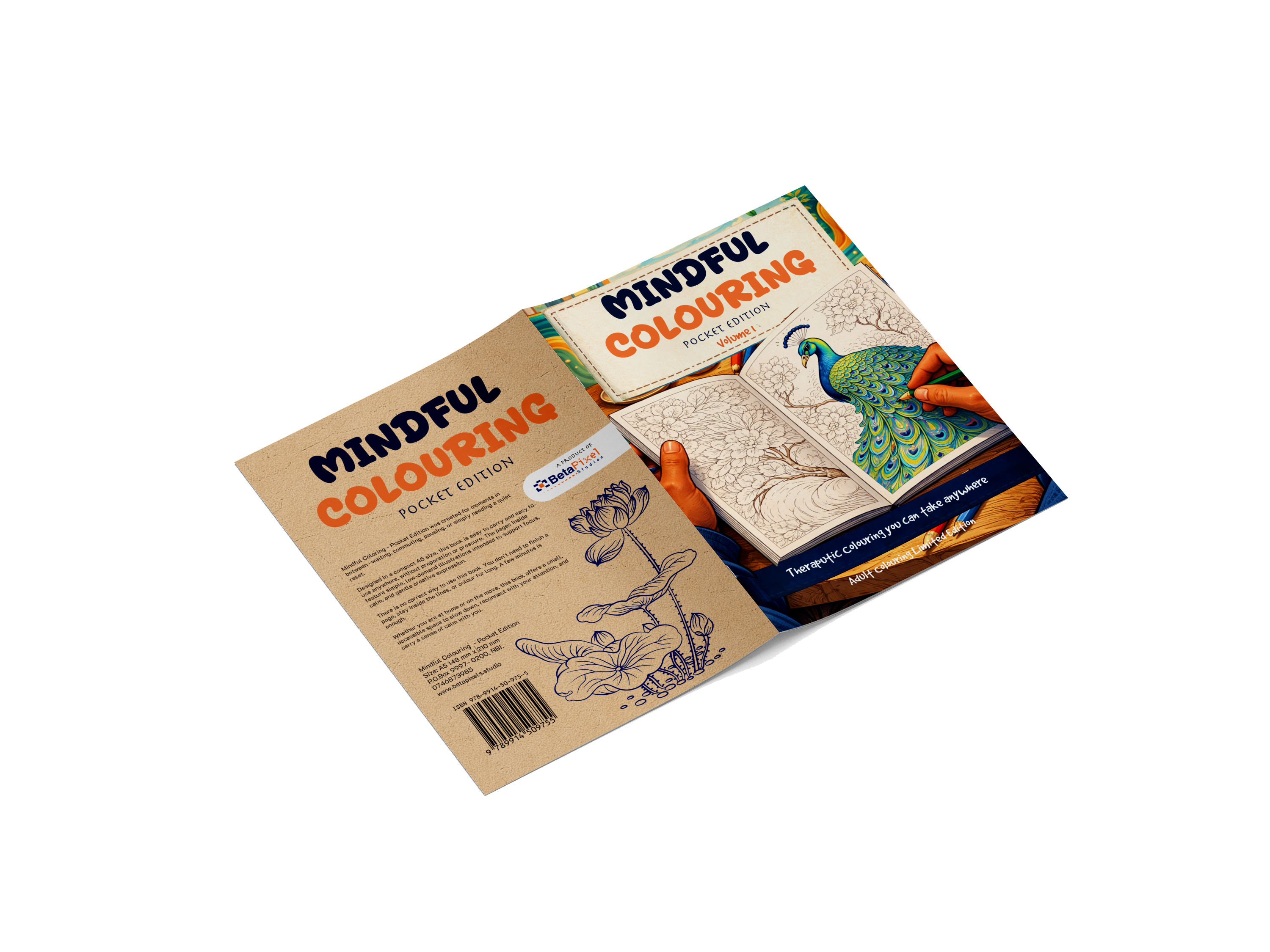 Open view of the Mindful Colouring Pocket Edition adult colouring book showing the front and back cover design.
