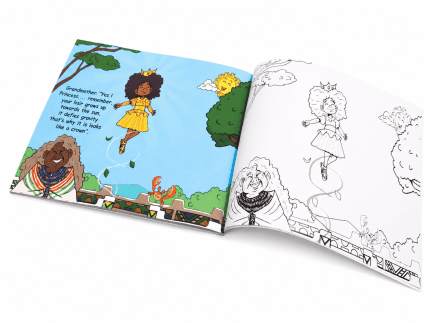 Open pages of Sigi’s Reading and Coloring Book showing a colour story page and a colouring page