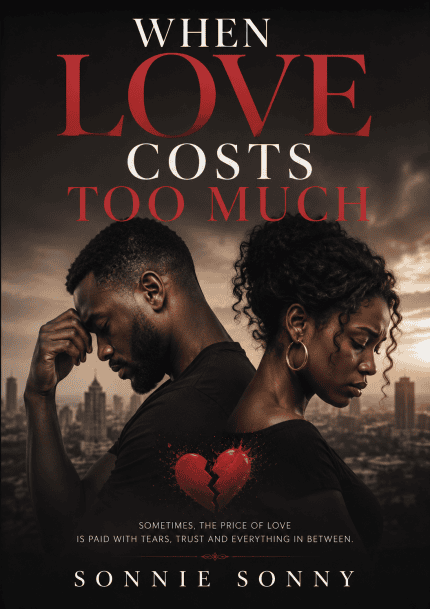 Book cover of When Love Costs Too Much by Sonnie Sonny, featuring a Black man and woman standing back-to-back with a broken red heart between them, symbolizing heartbreak, relationship struggles, and the high cost of love.