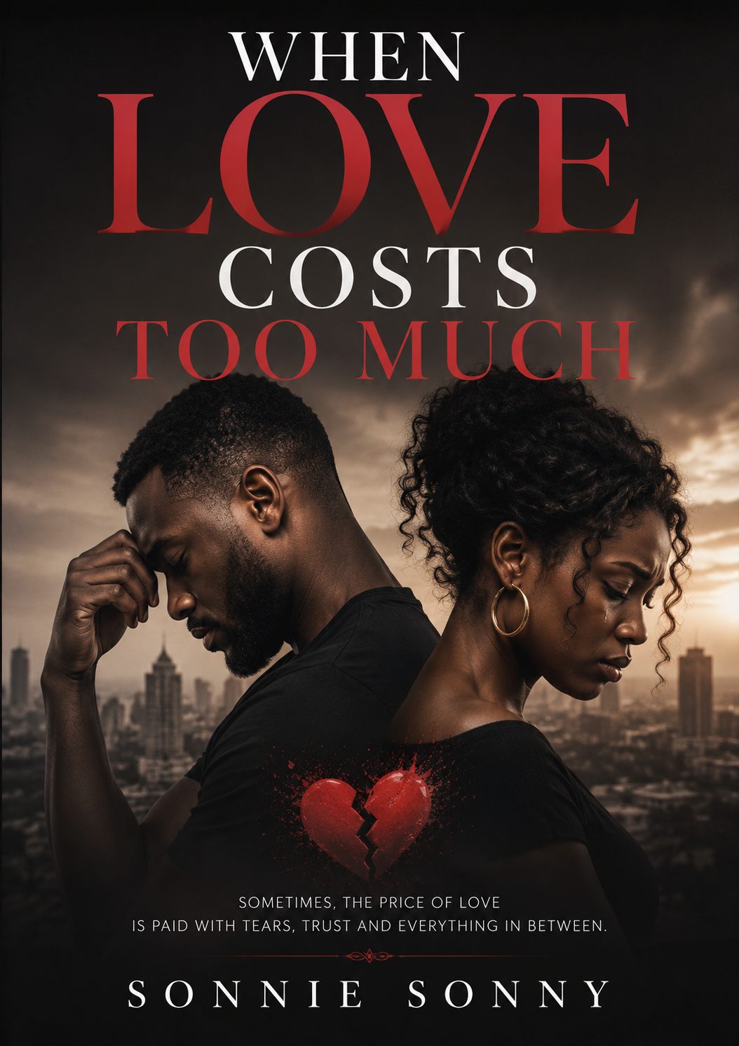 Book cover of When Love Costs Too Much by Sonnie Sonny, featuring a Black man and woman standing back-to-back with a broken red heart between them, symbolizing heartbreak, relationship struggles, and the high cost of love.