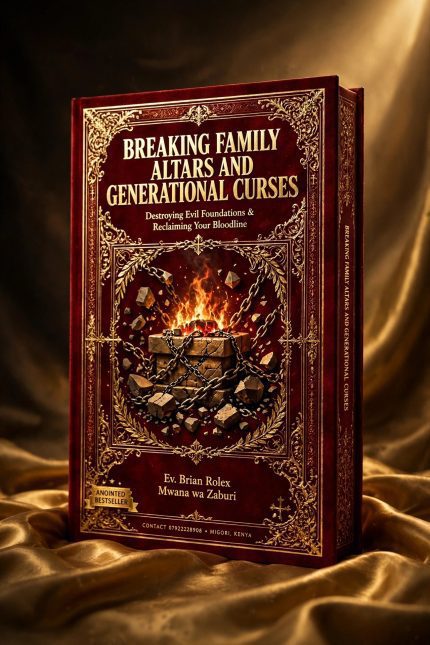 r *BREAKING FAMILY ALTARS ALONE:* > 3D standing hardcover book titled Breaking Family Altars and Generational Curses by Ev. Brian Rolex Mwana wa Zaburi. The book cover features a stone family altar exploding in flames with heavy chains breaking and shattering. Title text is in fiery gold letters with flames. Subtitle says Destroying Evil Foundations and Reclaiming Your Bloodline. Dark spiritual warfare background with fire and smoke. Author name at bottom with contact 07922228908 Migori Kenya. Deliverance anointed bestseller. This alt text is ready for: ✅ Facebook photo description ✅ Google SEO ✅ For visually impaired readers