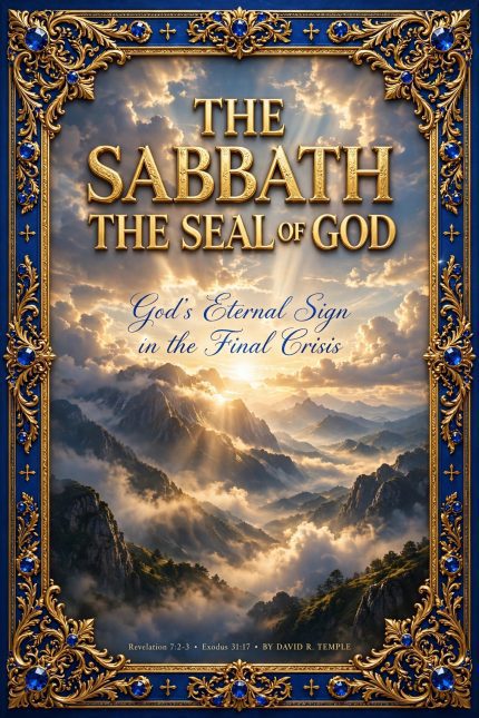 Book cover of THE SABBATH THE SEAL OF GOD by Brian Rolex Mwana wa Zaburi - Christian book about Sabbath as Seal of God in final crisis - Revelation 7 Exodus 31 - majestic mountain sunrise with gold blue ornate frame