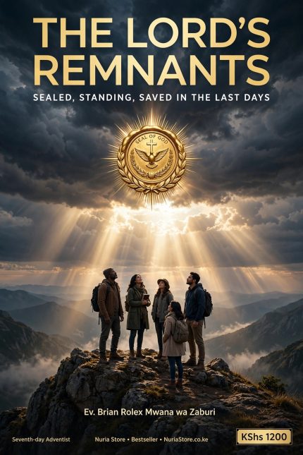 Book cover of THE LORD'S REMNANTS - SEALED, STANDING, SAVED IN THE LAST DAYS by Ev. Brian Rolex Mwana wa Zaburi. Shows five faithful remnants standing on a mountain top under dark stormy clouds, looking up at a glowing golden Seal of God with cross and dove shining in heavenly light. Powerful Seventh-day Adventist end time prophecy book about the seal of God vs mark of the beast, available on Nuria Store Kenya for KShs 1200.